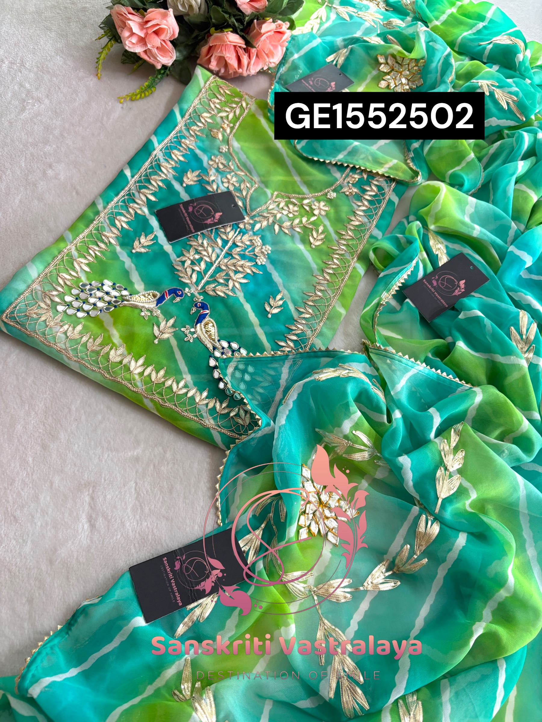 MULTI GEORGETTE LAHRIYA SUIT WITH ZARDOGI HANDWORK GOTA PATTI - Image 3