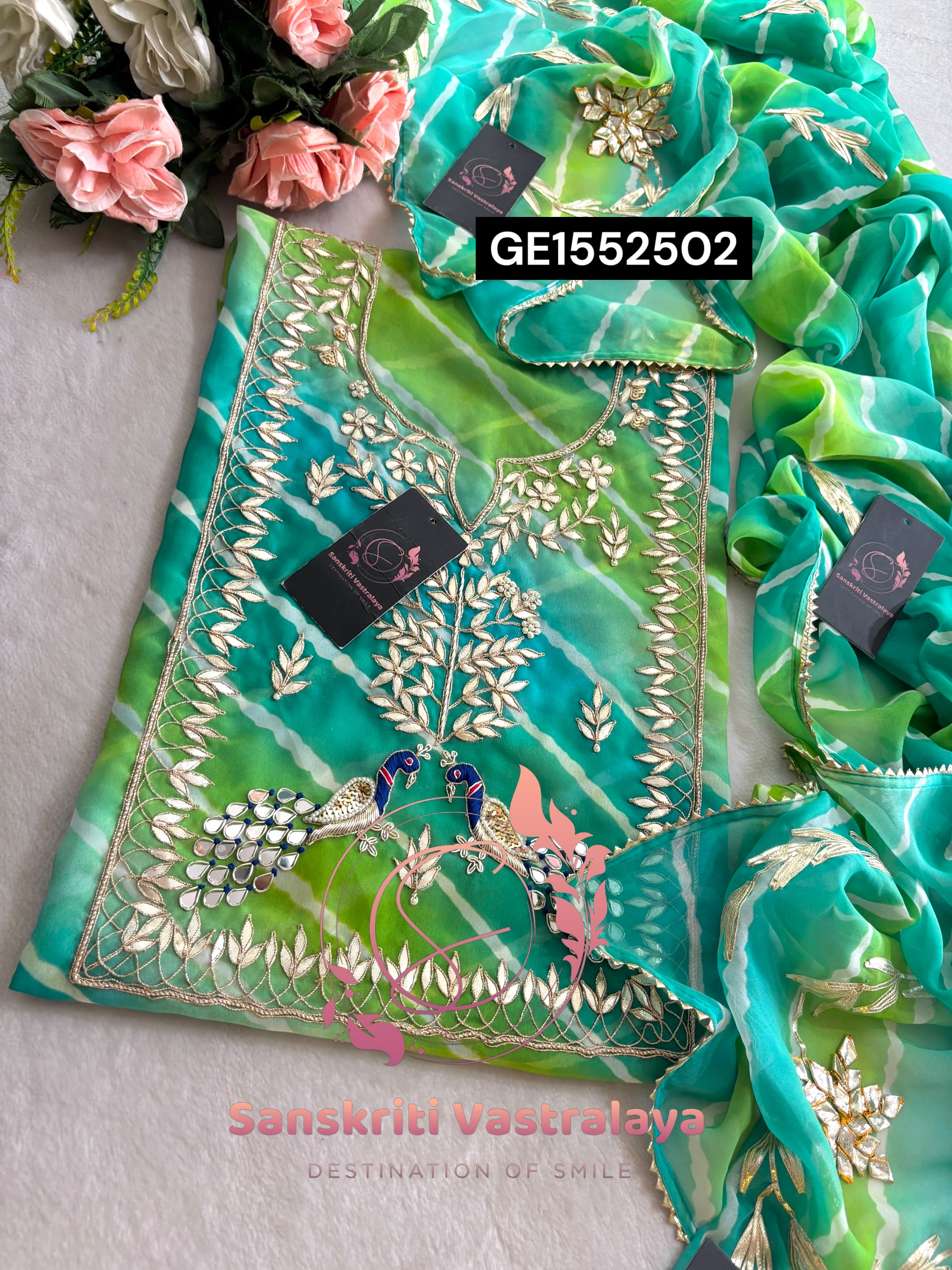 MULTI GEORGETTE LAHRIYA SUIT WITH ZARDOGI HANDWORK GOTA PATTI - Image 2