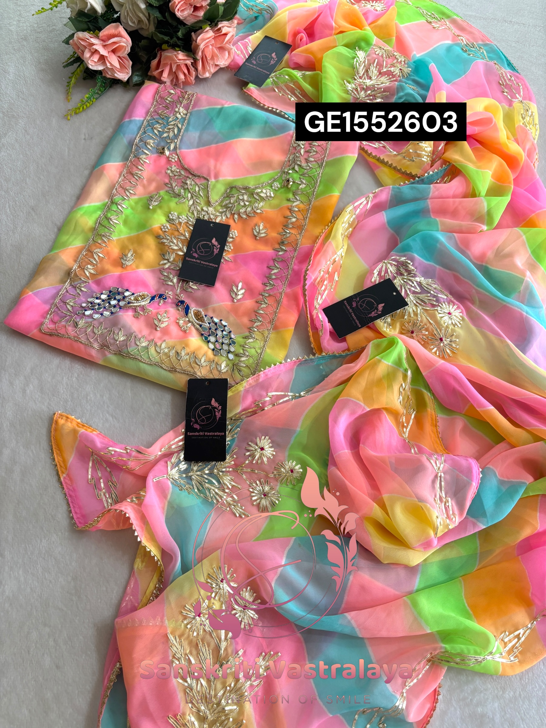 MULTI GEORGETTE LAHRIYA SUIT WITH ZARDOGI HANDWORK GOTA PATTI - Image 2
