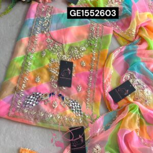 MULTI GEORGETTE LAHRIYA SUIT WITH ZARDOGI HANDWORK GOTA PATTI