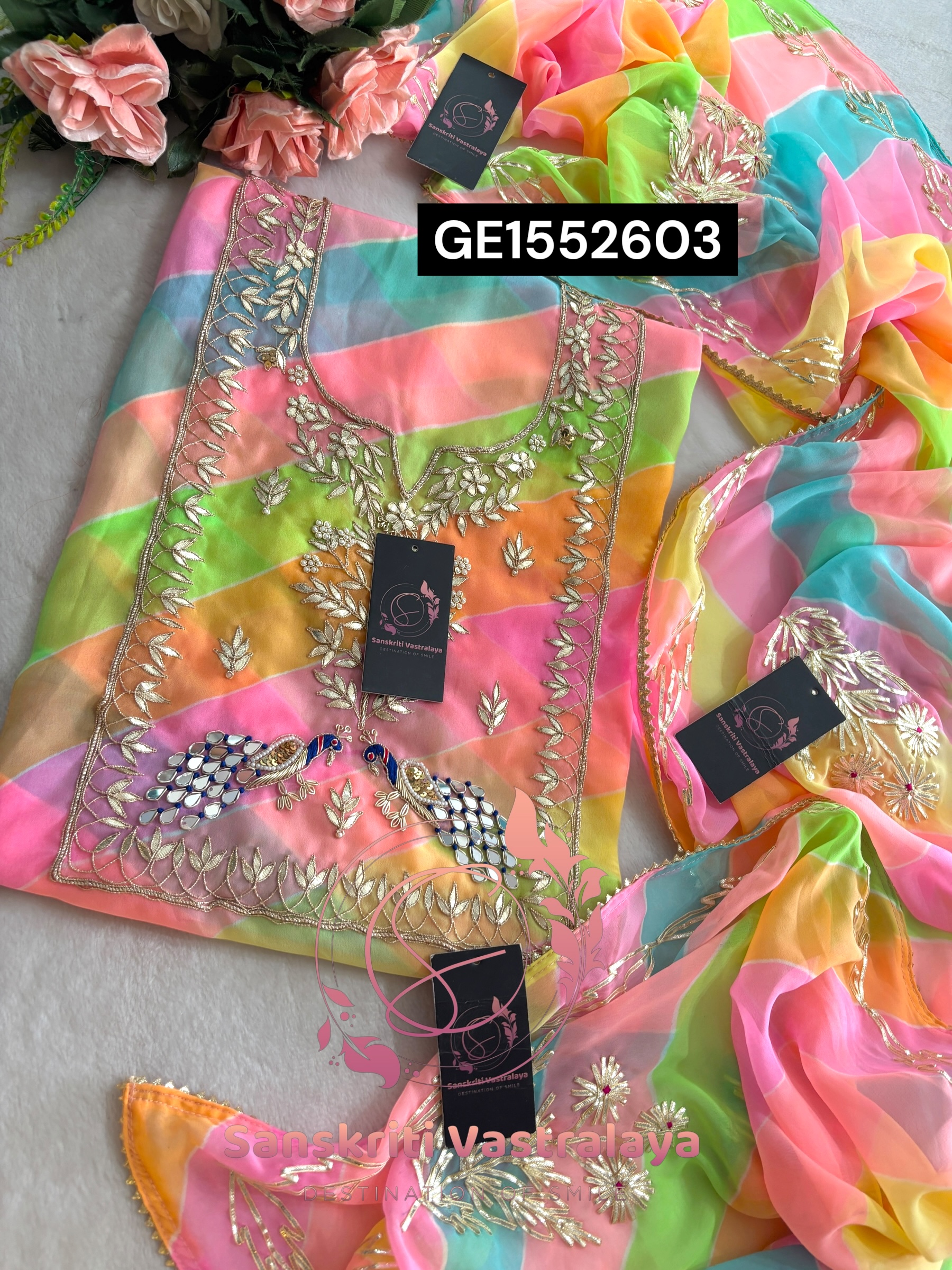 MULTI GEORGETTE LAHRIYA SUIT WITH ZARDOGI HANDWORK GOTA PATTI