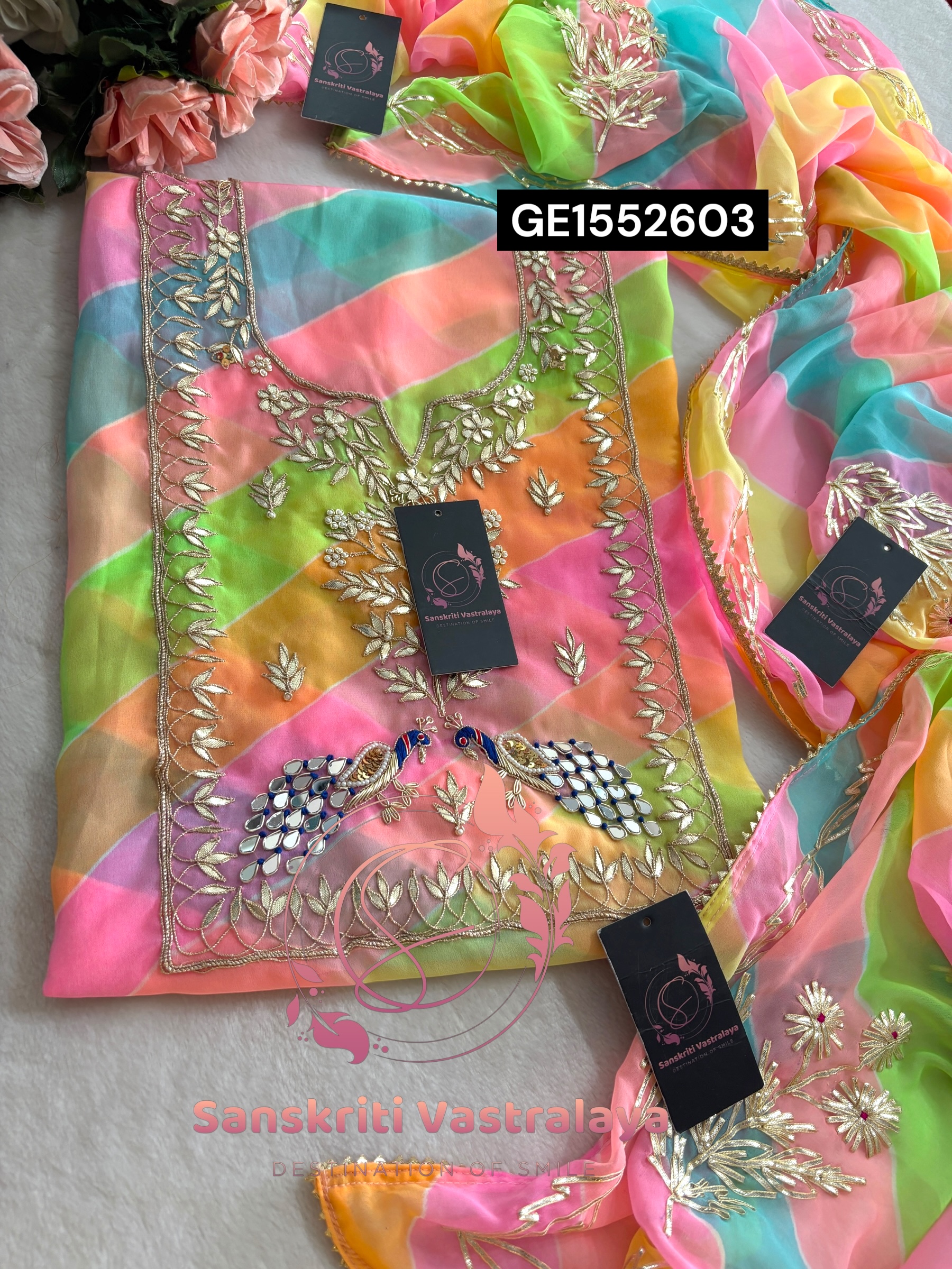 MULTI GEORGETTE LAHRIYA SUIT WITH ZARDOGI HANDWORK GOTA PATTI - Image 3