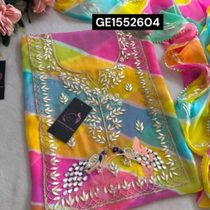 MULTI GEORGETTE LAHRIYA SUIT WITH ZARDOGI HANDWORK GOTA PATTI