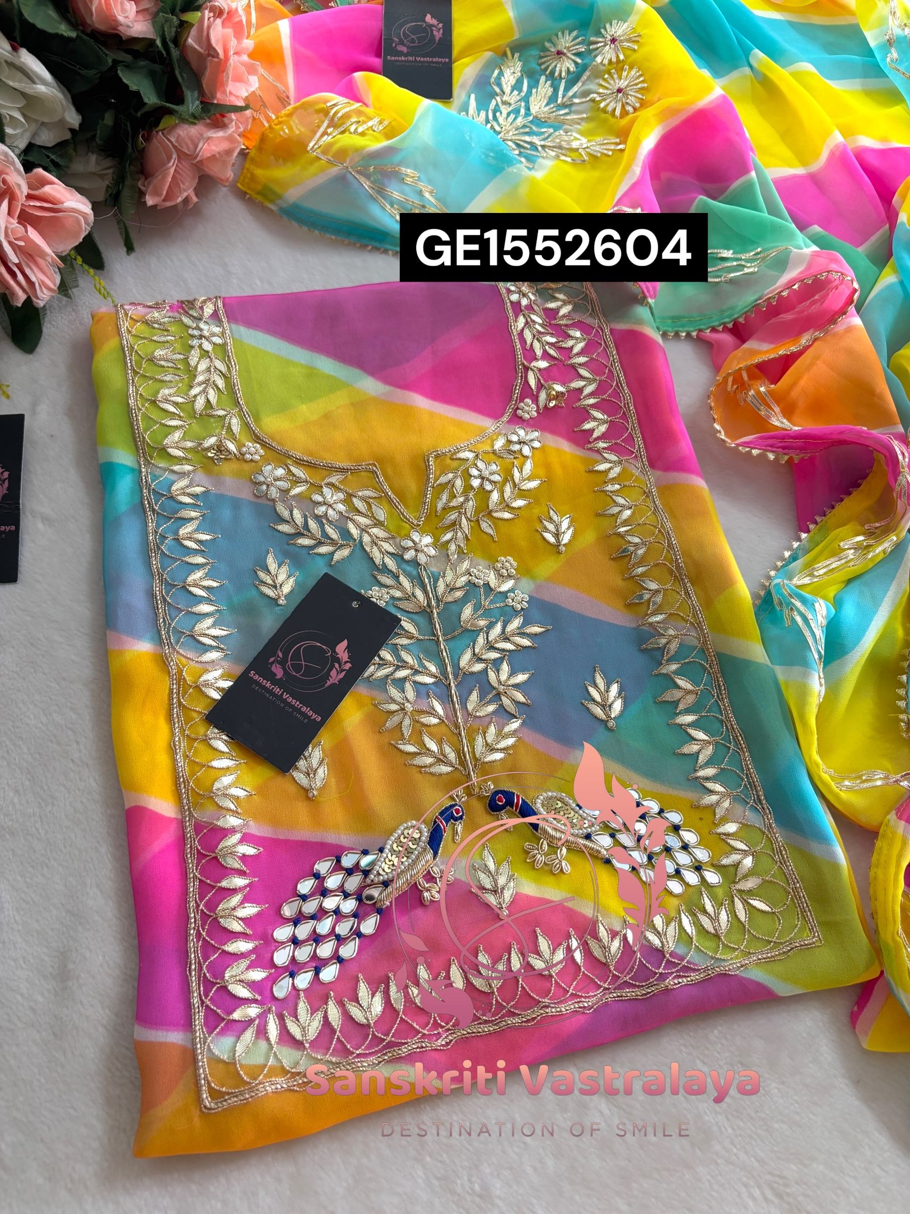 MULTI GEORGETTE LAHRIYA SUIT WITH ZARDOGI HANDWORK GOTA PATTI