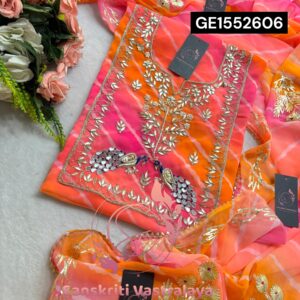 MULTI GEORGETTE LAHRIYA SUIT WITH ZARDOGI HANDWORK GOTA PATTI
